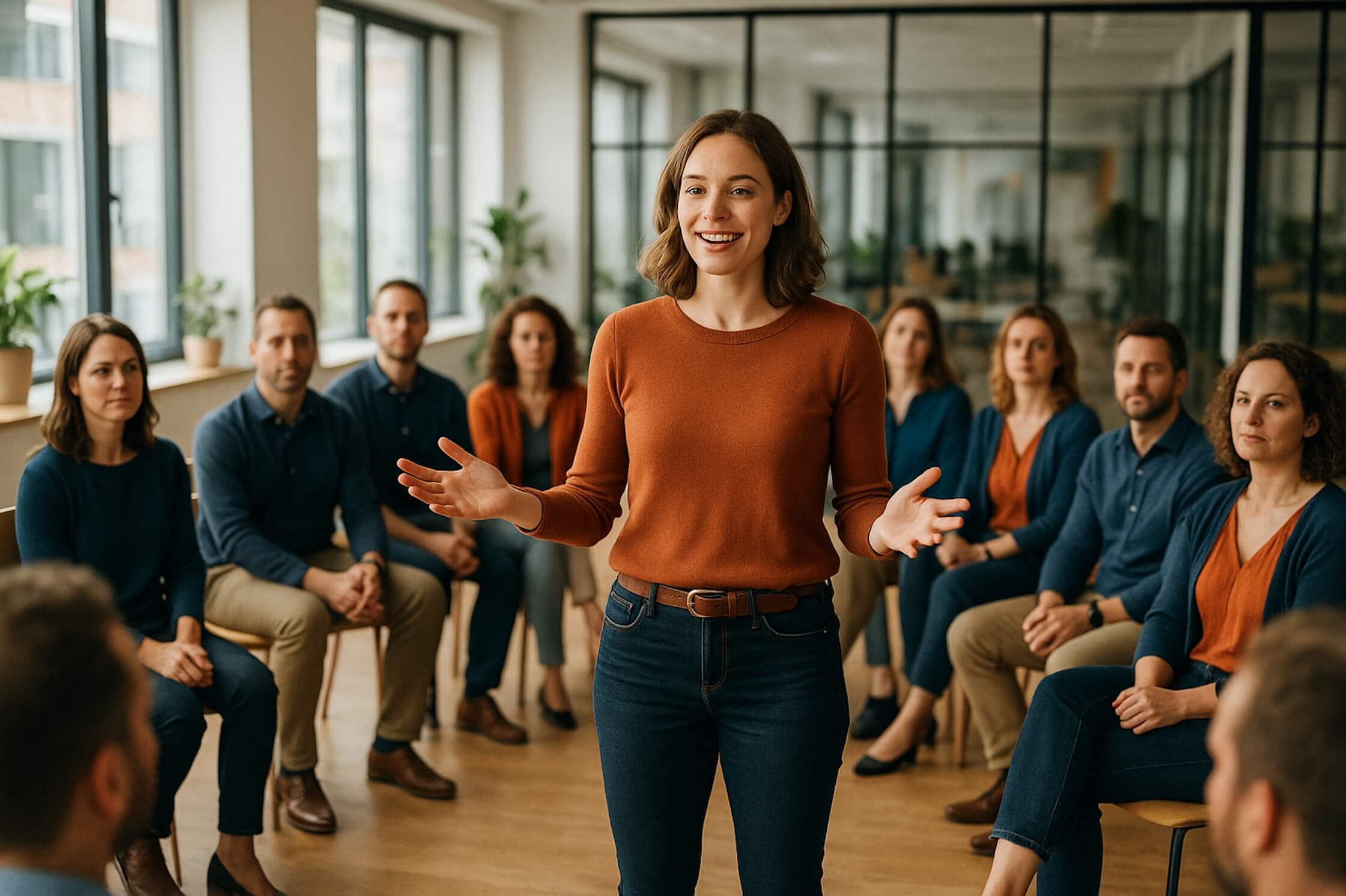 Eine Führungskraft steht vor dem Team und hält eine Antrittsrede nach einem Antrittsrede-Coaching.
