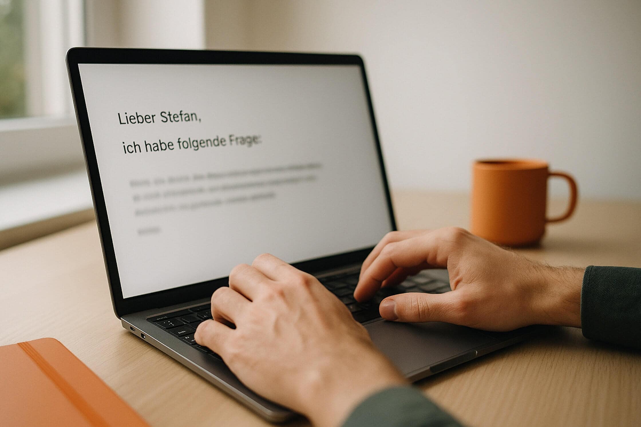 E-Mail-Coaching: Ausschnitt eines geöffneten Laptop- oder Handy-Displays mit einer offenen E-Mail-Ansicht: Man sieht wenige Zeilen einer geschriebenen Nachricht (unscharf oder angedeutet) und die Hand, die gerade antwortet.