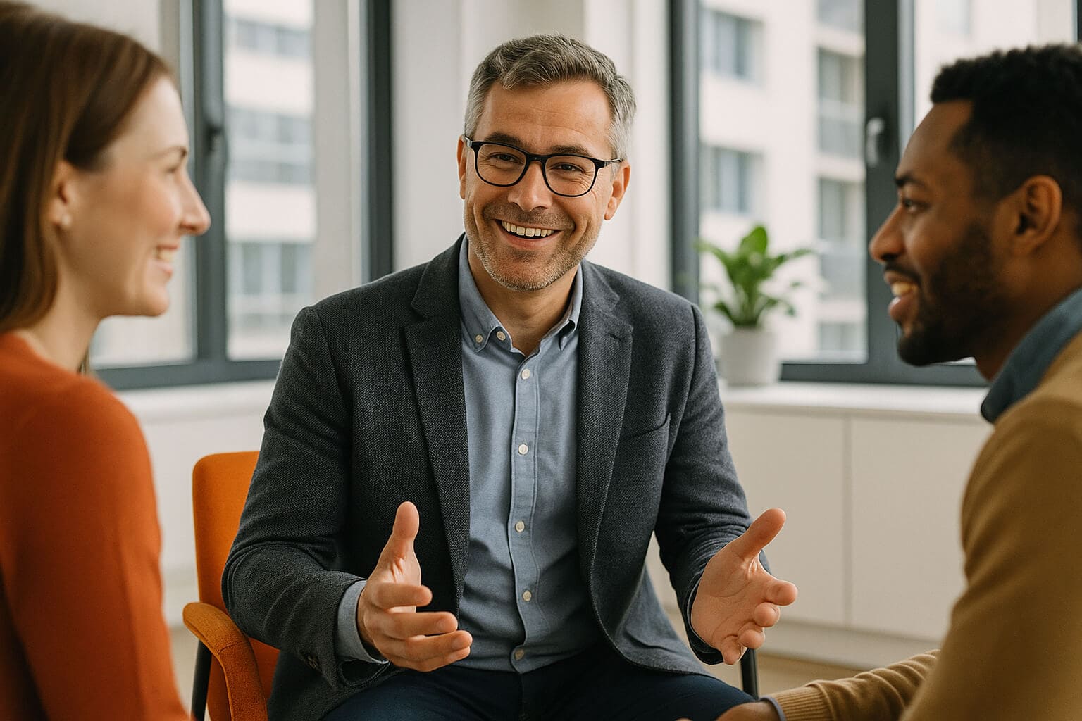 Führungskraft im Gespräch mit Mitarbeitern zum Thema Gesundheit