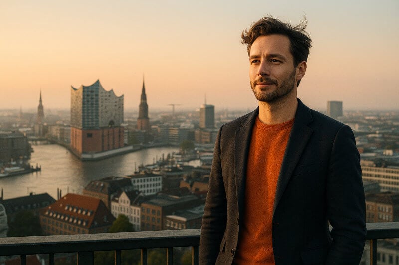 Eine ruhige, selbstbewusste Führungskraft steht im frühen Morgenlicht mit Aussicht auf Hamburg und blickt in die Stadt.