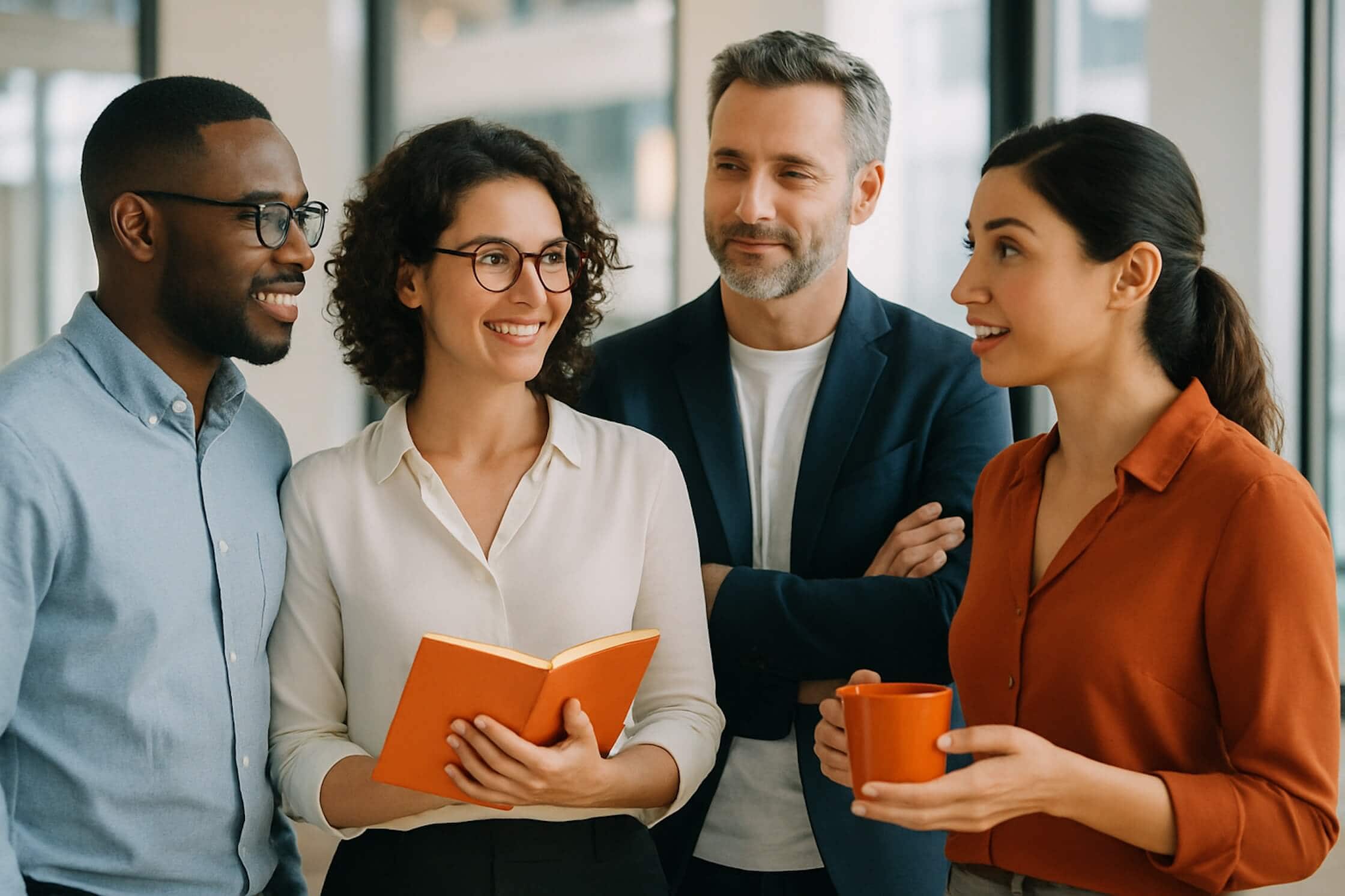 Team in modernem Büro steht auf gleicher Augenhöhe und diskutiert offen Ideen – Symbol für Laterale Führung, Vertrauen und Zusammenarbeit ohne Hierarchie.