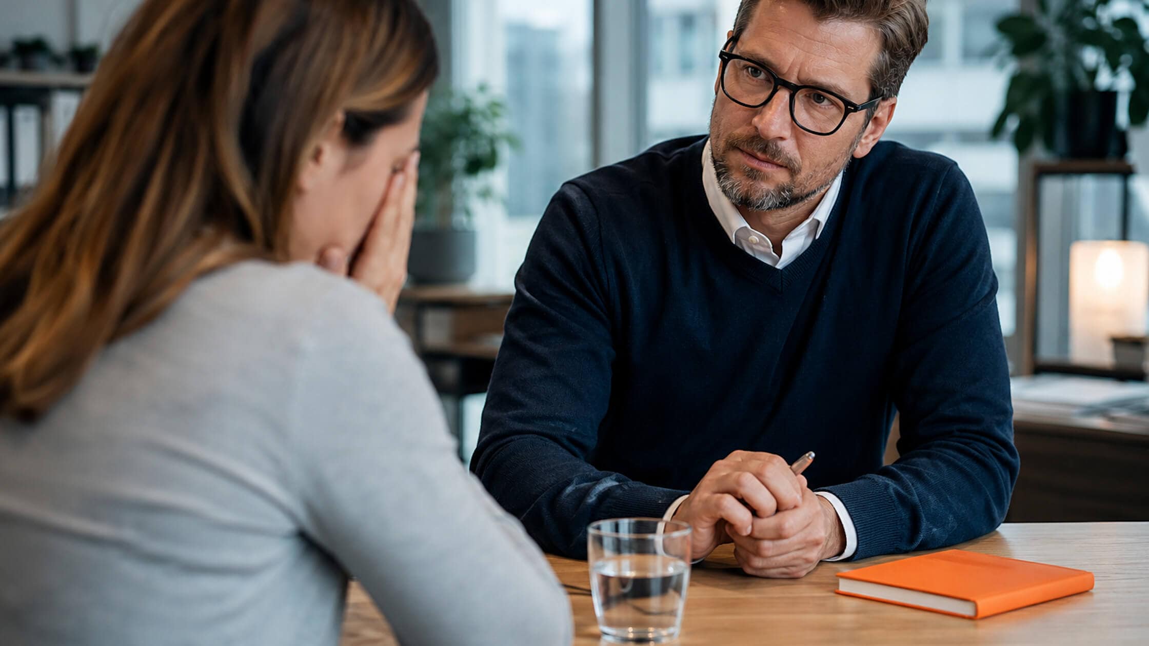 Menschen richtig trösten: Nahaufnahme eines empathischen Gesprächs zwischen einer Führungskraft und einem Mitarbeitenden in einem modernen Büro.
